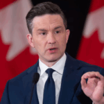 Pierre Poilievre delivers a fiery speech in Surrey, vowing to end extortion and restore safe streets at the banquet hall hit by gunfire weeks earlier.