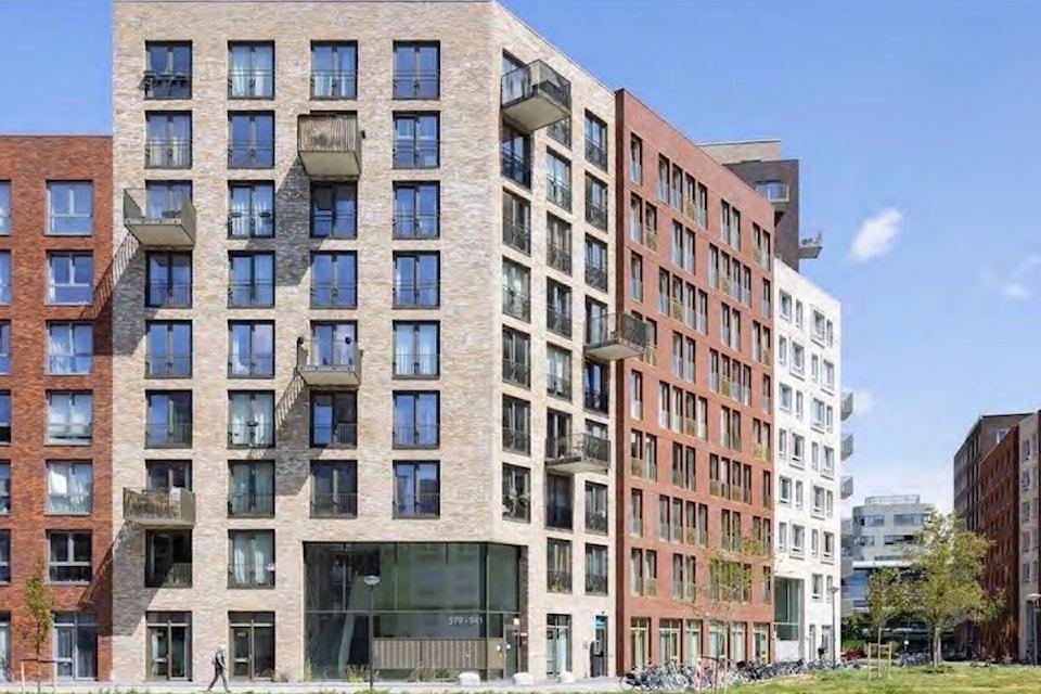 Modern mid-rise rental housing development with balconies in Surrey Whalley.
