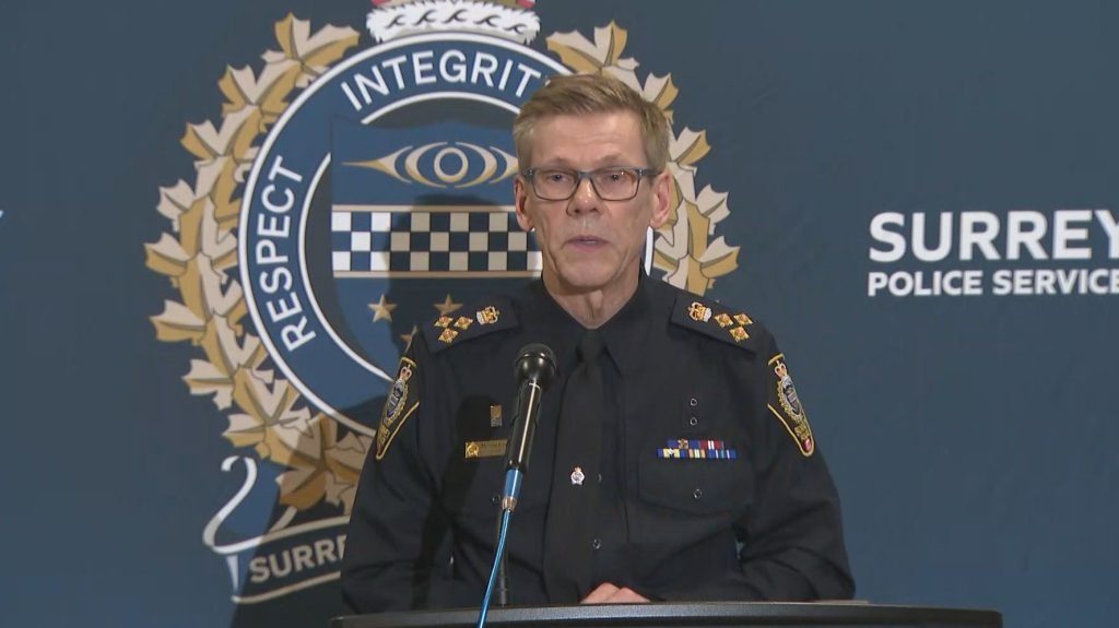Surrey Police Service Chief Constable Norm Lipinski speaks at a press conference amid rising shootings, extortion cases, and a Surrey petition calling for his resignation, Surrey Speak news.