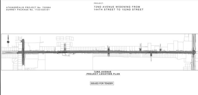 Surrey Speak – City of Surrey project location plan showing 72nd Avenue widening from 144th Street to 152nd Street, covering approximately 1,600 metres of 72 Avenue as part of the arterial upgrade.
