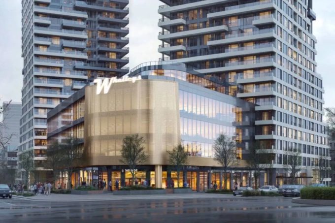 Surrey Speak – Rendering of the approved two-tower development at 108 Avenue and King George Boulevard in Whalley, featuring 48- and 52-storey high-rises with retail, office space, and 879 homes.