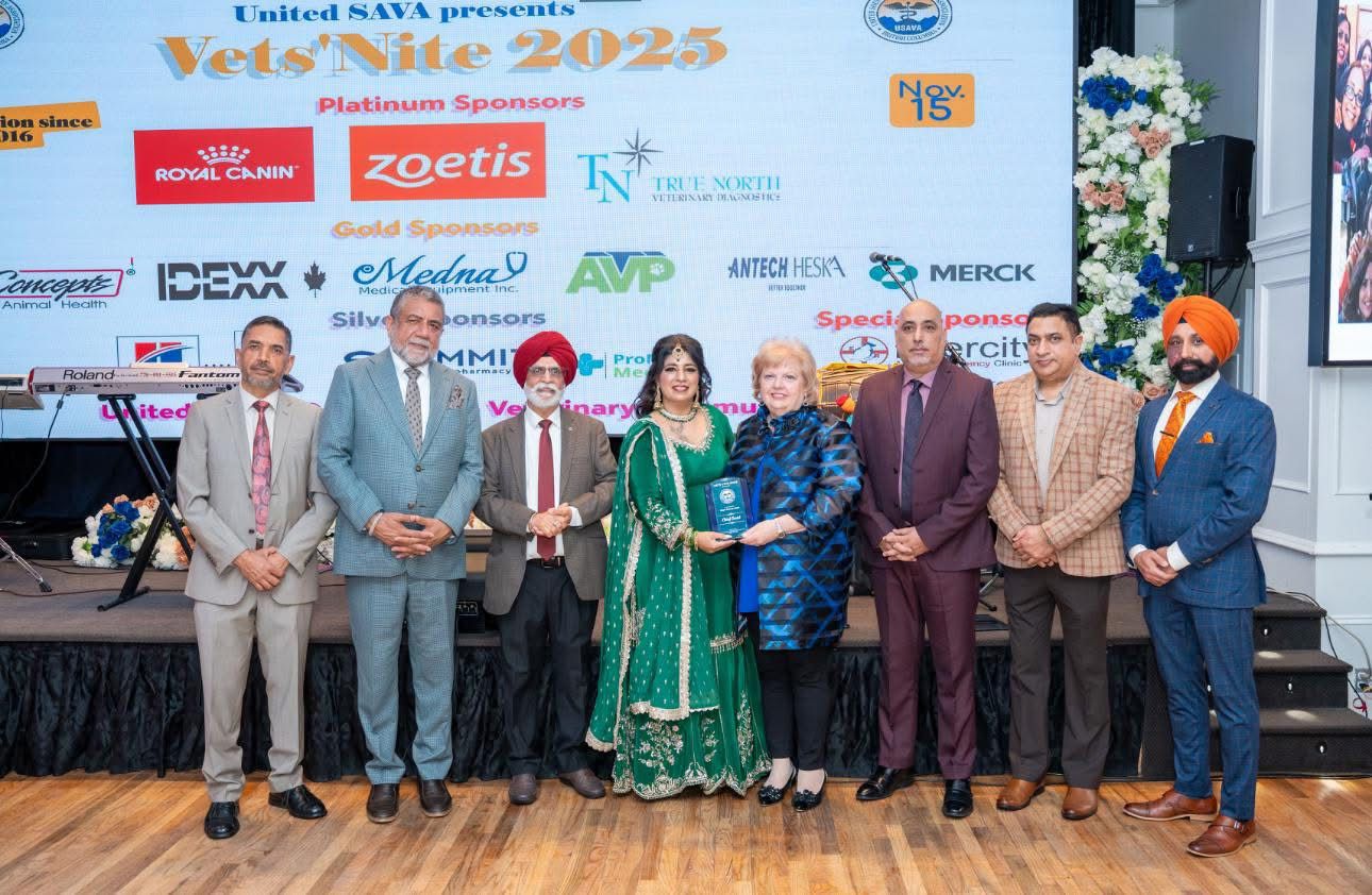 Surrey Speak – Group of attendees on stage at the Vets’ Nite 2025 Gala in Surrey, celebrating the city’s veterinary community with sponsors and community leaders.