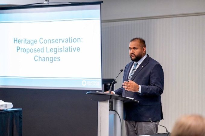 Forests Minister Ravi Parmar speaking at the UBCM annual meeting about proposed Heritage Conservation Act changes on Sept. 25, 2025, during ongoing provincial discussions.