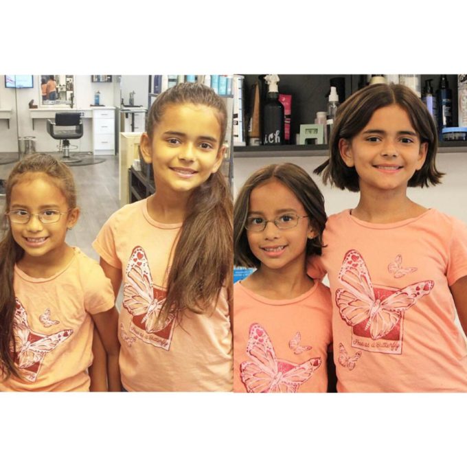 Cloverdale sisters Eliza and Amelia Vanderark before and after donating their hair to Wigs for Kids BC at a local salon.