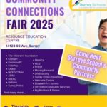Poster for Surrey Schools Community Connections Fair 2025 at the Resource Education Centre in Surrey, featuring partner organizations and event details. Surrey Speak coverage of community events.