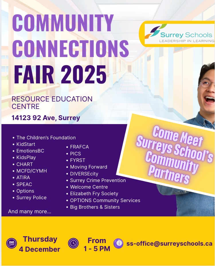 Poster for Surrey Schools Community Connections Fair 2025 at the Resource Education Centre in Surrey, featuring partner organizations and event details. Surrey Speak coverage of community events.