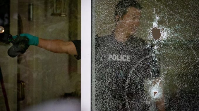 Police investigate shattered glass and bullet holes at Kap’s Cafe in Surrey after shots were fired during B.C.’s ongoing extortion attacks.