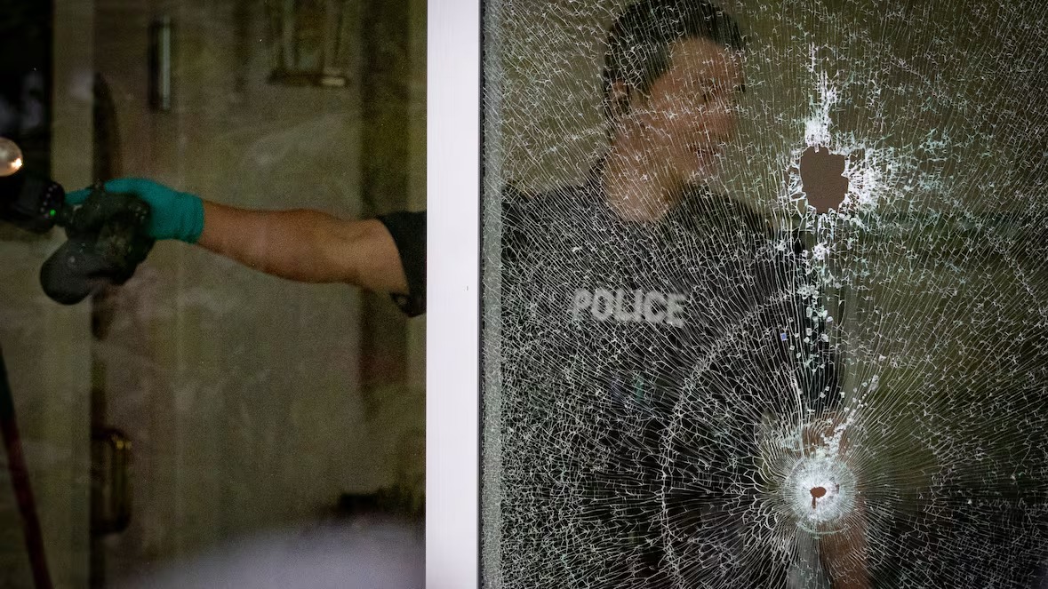 Police investigate shattered glass and bullet holes at Kap’s Cafe in Surrey after shots were fired during B.C.’s ongoing extortion attacks.