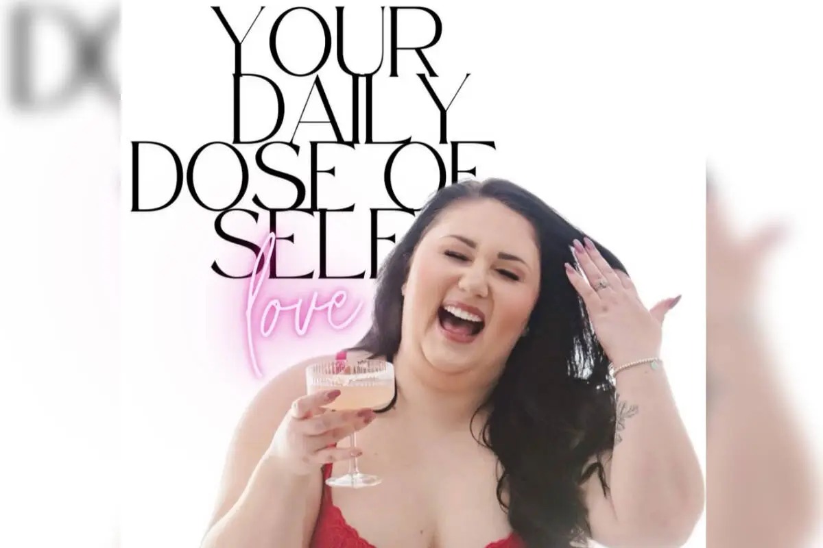B.C. body-positive influencer Jesse Zahacy laughing while holding a drink, featured in her “Your Daily Dose of Self Love” Instagram branding.