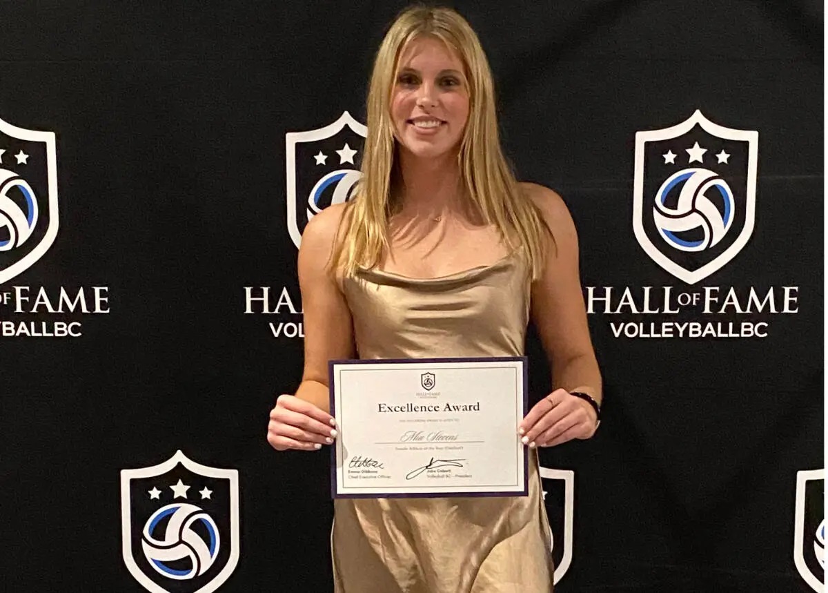Excellence Award displayed at the Volleyball BC Hall of Fame gala, featured in Surrey Speak’s story on Mia Stevens’ recognition.