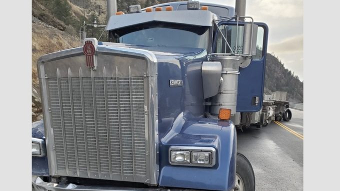 Blue Kenworth semi-truck involved in fatal Highway 1 crash near Lytton on Nov. 24, 2025, as investigated by BC Highway Patrol.