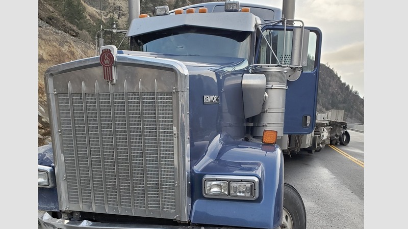 Blue Kenworth semi-truck involved in fatal Highway 1 crash near Lytton on Nov. 24, 2025, as investigated by BC Highway Patrol.