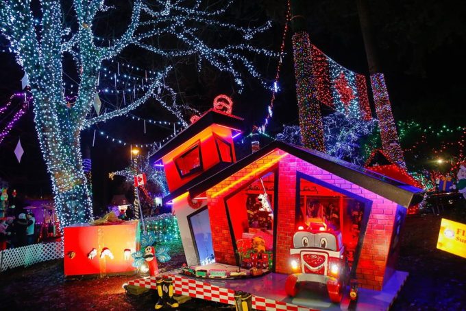 Festive Bright Nights light display at Noel Surrey, featuring colourful holiday decorations and illuminated structures at Cloverdale Fairgrounds.