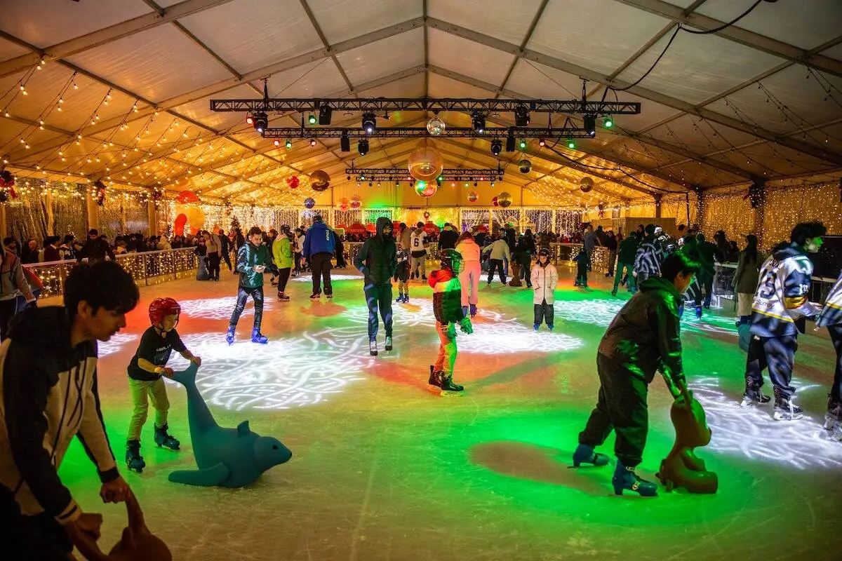 Free public skating on a temporary rink at Surrey Civic Plaza