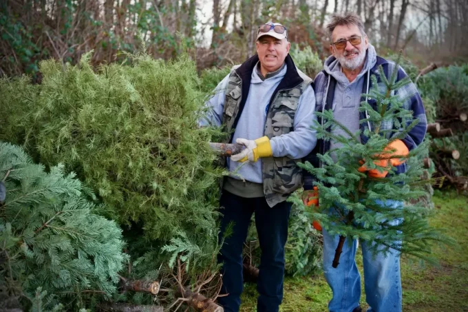 At the Semiahmoo Fish and Game Club last year, James Wilkins (left) and Chris Johnson (right) happily transferred donated Christmas trees from trunk to pile during their tree chipping event.