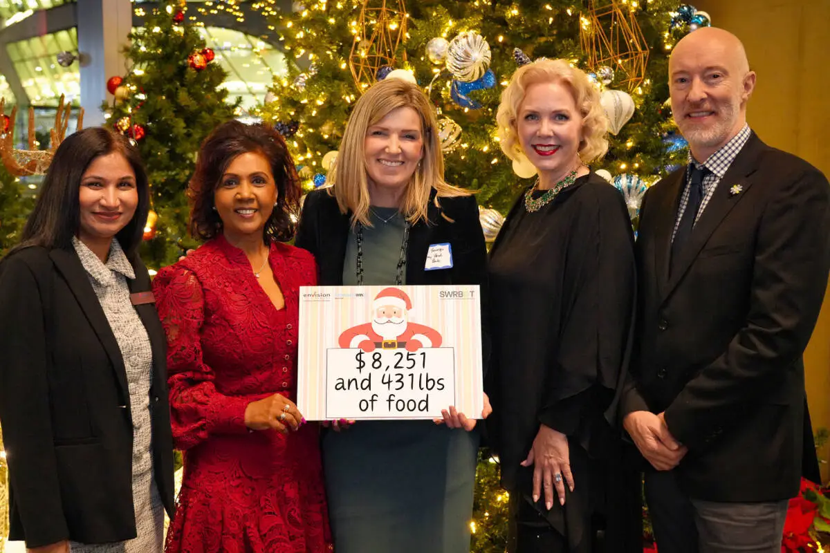 Jasbir Chakrobarty, Envision Financial; Indra Bhan, Surrey and White Rock Board of Trade; Kim Savage, Surrey Food Bank; Joslyn Young, SWRBOT; and Greg Wharram, ThoughtsWin celebrate the proceeds of the 2025 Seasonal Sizzle event.