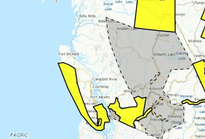 Environment Canada weather alert map highlighting strong-wind and snowfall warning zones across Interior B.C. and coastal inlets.