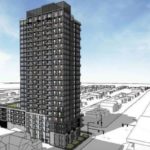 Architect’s rendering of a 24-storey residential tower rising above surrounding low-rise buildings at a Whalley intersection in Surrey.