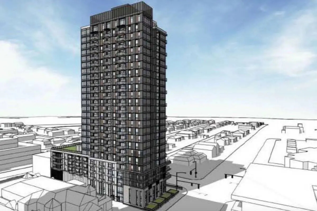 Architect’s rendering of a 24-storey residential tower rising above surrounding low-rise buildings at a Whalley intersection in Surrey.