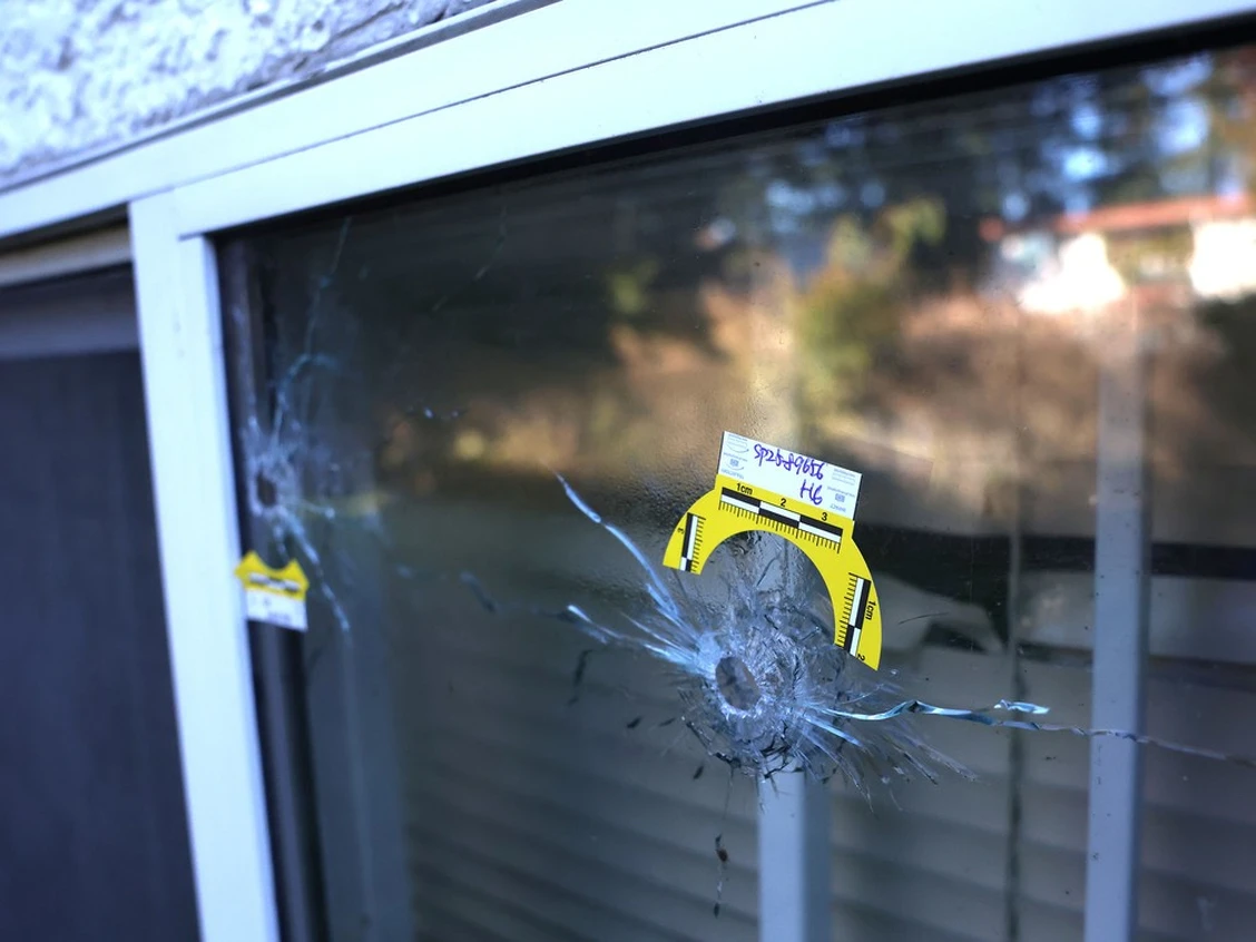 File photo of bullet damage from a recent extortion-related shooting in Surrey
