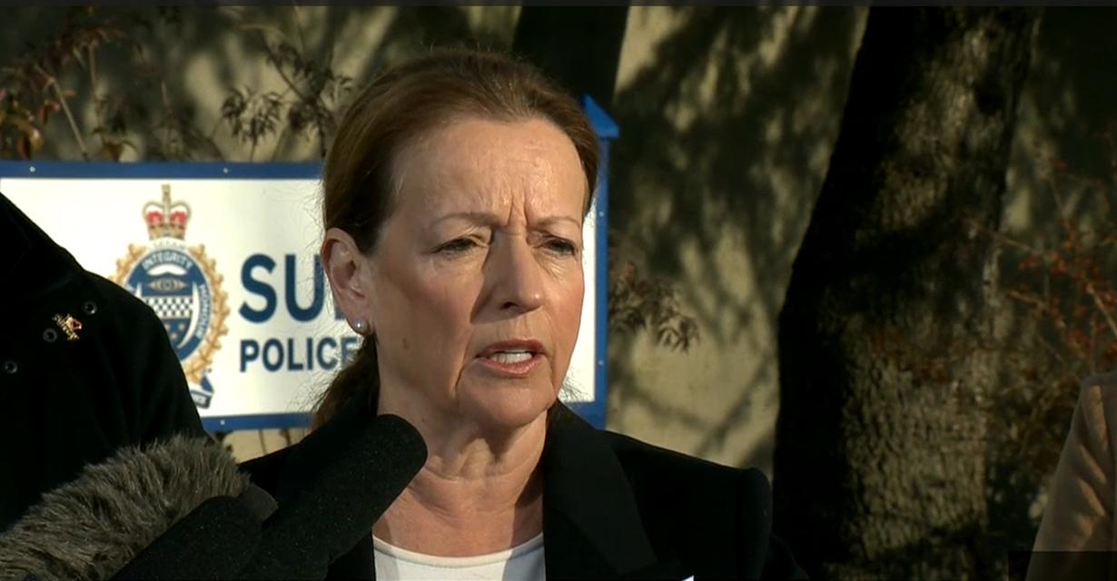 Surrey city councillor speaks at a news conference outside Surrey Police Service headquarters.