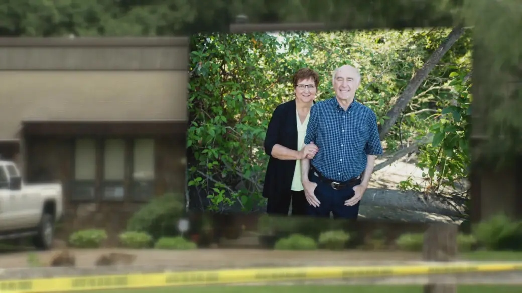 Arnold and Joanne De Jong, elderly couple murdered in Abbotsford 2022, photo displayed at crime scene for upcoming Surrey men murder trial
