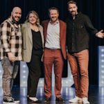 Snowed In Comedy Tour performers Paul Myrehaug, Erica Sigurdson, Dan Quinn, Pete Zedlacher pose before Snowed In sign at Surrey show.