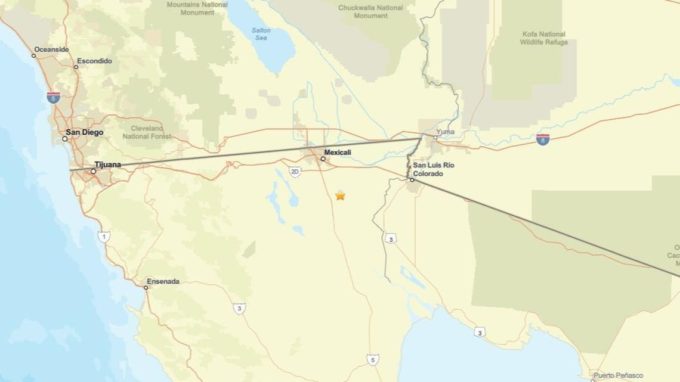 Map showing the epicentre of a 2.7 magnitude earthquake near Delta, B.C., close to the U.S.–Mexico border