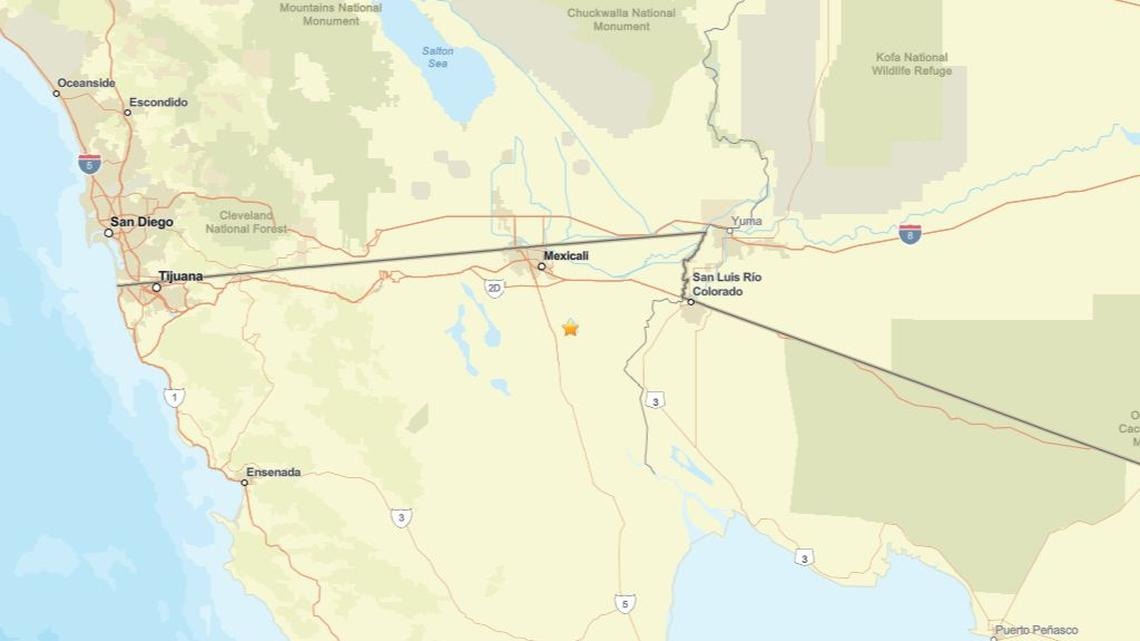 Map showing the epicentre of a 2.7 magnitude earthquake near Delta, B.C., close to the U.S.–Mexico border