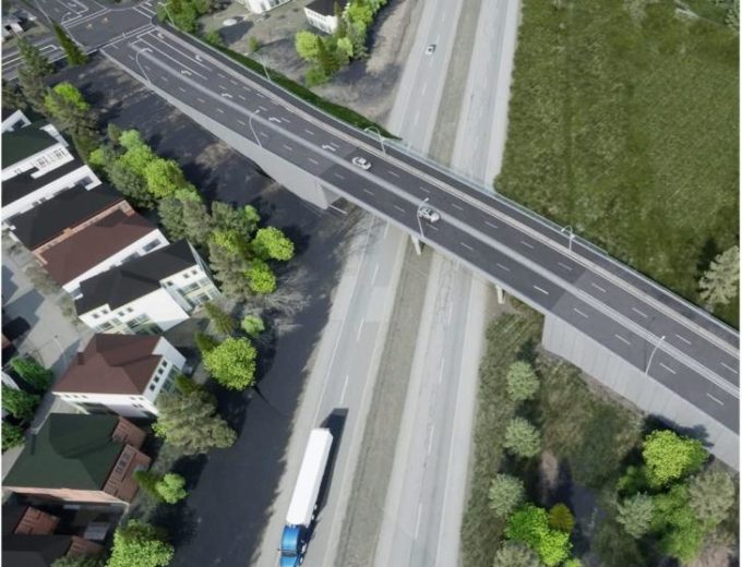 Aerial rendering of the new 20 Avenue overpass crossing Highway 99 in South Surrey