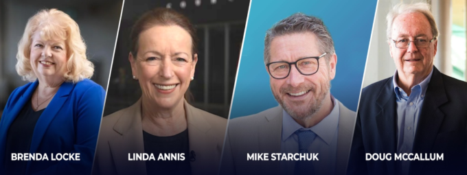 Surrey 2026 mayoral candidates Brenda Locke, Linda Annis, Mike Starchuk and Doug McCallum