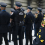 Surrey Police Service officers standing during a briefing at an indoor facility