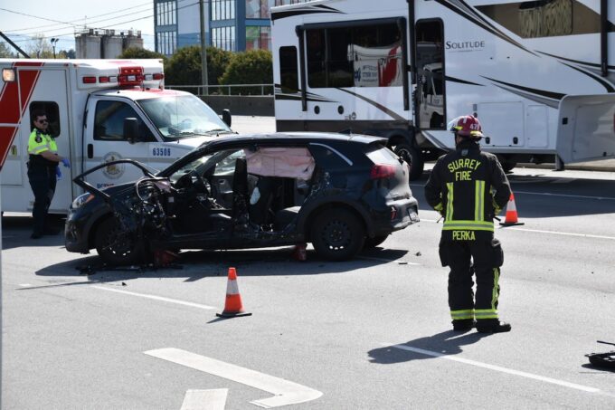 Emergency crews responding to serious collision between truck and car in Surrey