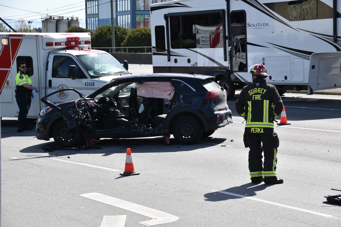Emergency crews responding to serious collision between truck and car in Surrey