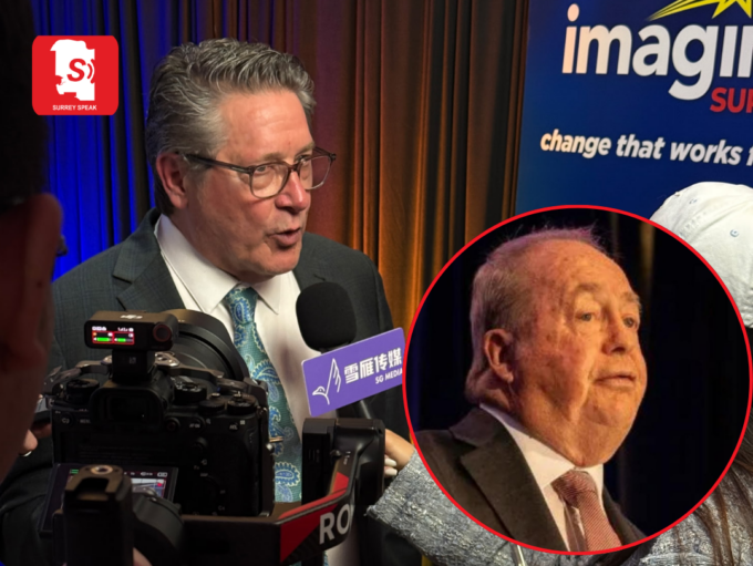 Surrey skyline with city hall representing local election debate and political leadership discussion