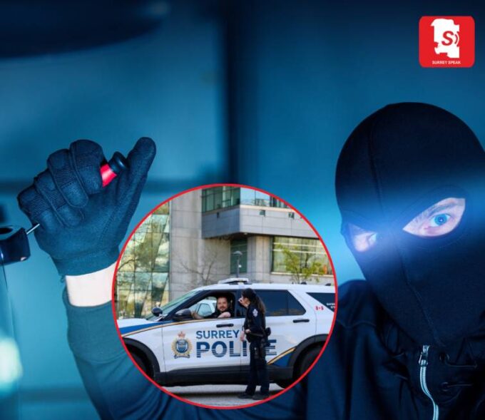 Police vehicles near Surrey bank robbery scene in Newton area with officers responding to incident