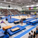 Gymnastics competition at Surrey sports complex with athletes and crowd