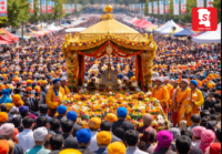 Large crowd celebrating Vaisakhi Parade in Surrey with cultural floats and performances