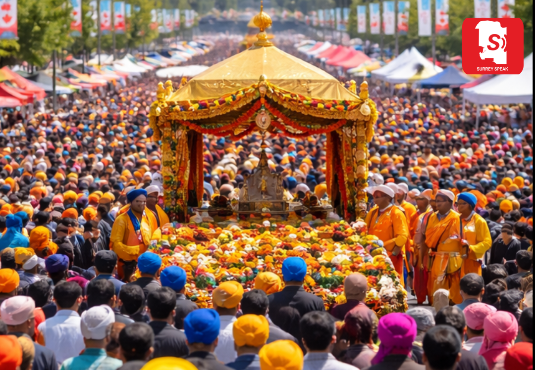 Large crowd celebrating Vaisakhi Parade in Surrey with cultural floats and performances