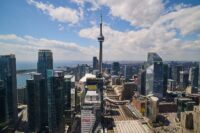 Canadian business district with financial market and economic growth concept