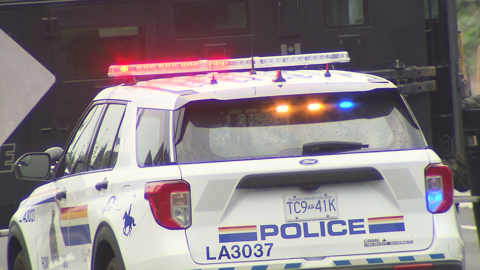 RCMP officers investigating a crash involving a stolen truck in Langley