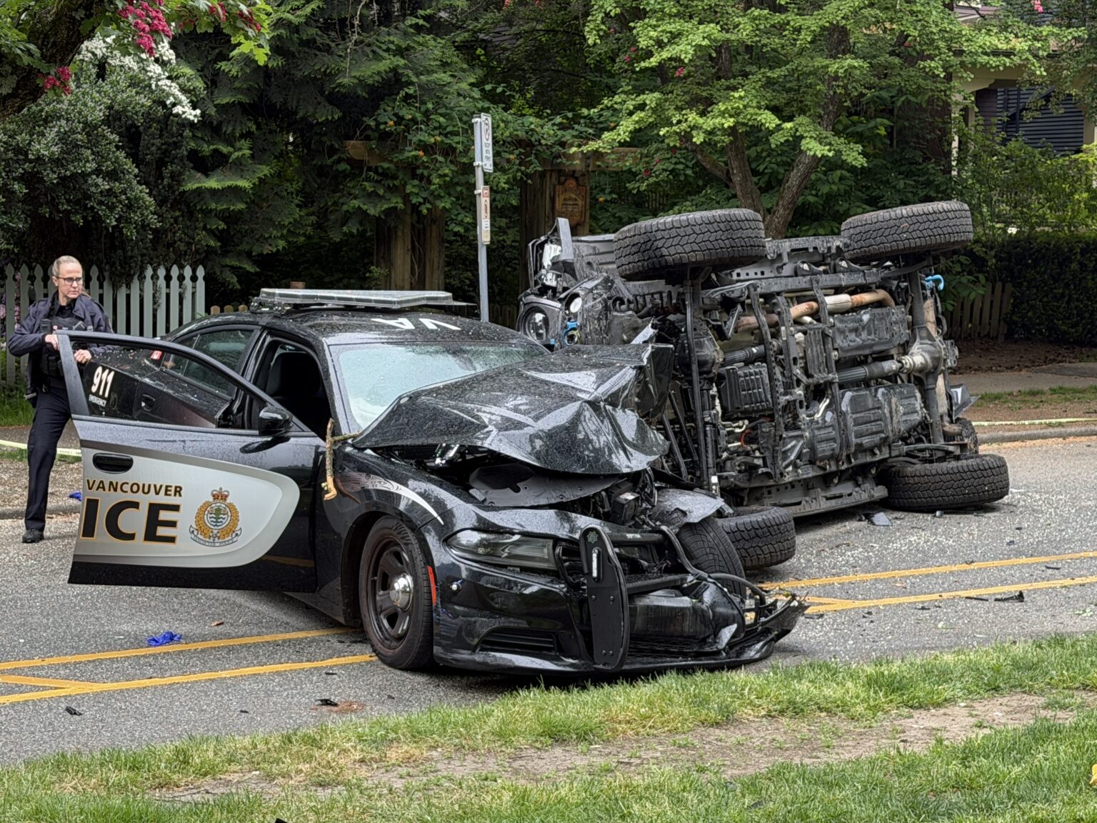 Emergency vehicles and police responding to a serious crash scene in Vancouver’s West End.