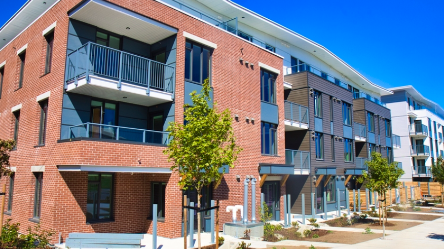 Residential housing development in Victoria, British Columbia showing new affordable homes for families.
