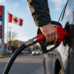 Gas station fuel pumps with rising gas price signs in Canada.