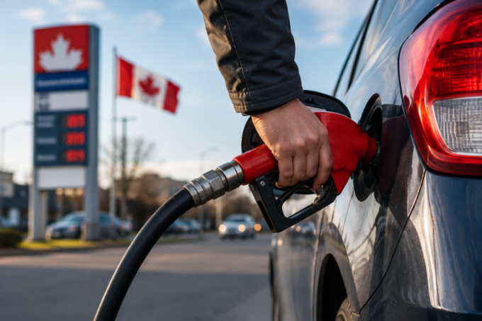 Gas station fuel pumps with rising gas price signs in Canada.