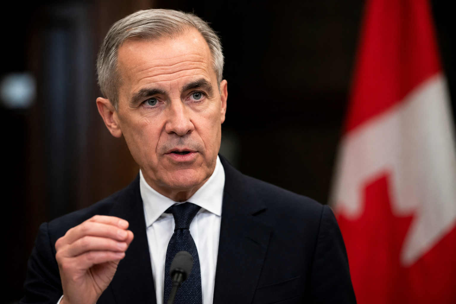 Canadian Prime Minister Mark Carney speaking during a press conference about public safety concerns.