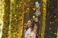 Bulgaria’s Eurovision 2026 performers celebrating on stage after winning the Eurovision Song Contest.