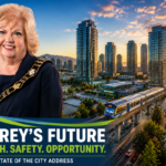 Modern skyline and rapid urban development in Surrey, British Columbia during sunset.