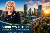 Modern skyline and rapid urban development in Surrey, British Columbia during sunset.