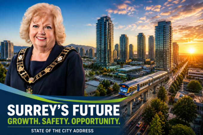 Modern skyline and rapid urban development in Surrey, British Columbia during sunset.